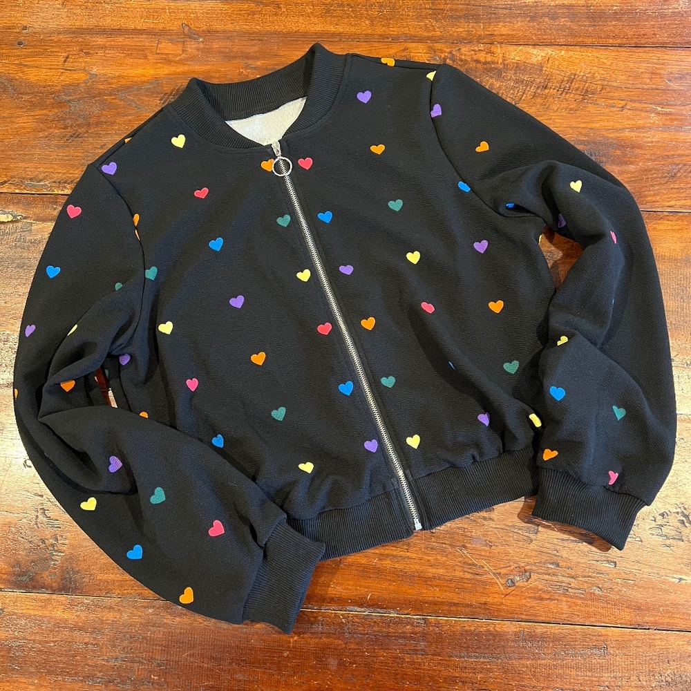 Black Full Zip Up Colorful Multicolor Heart Print Bomber Jacket M - Picture 2 of 6